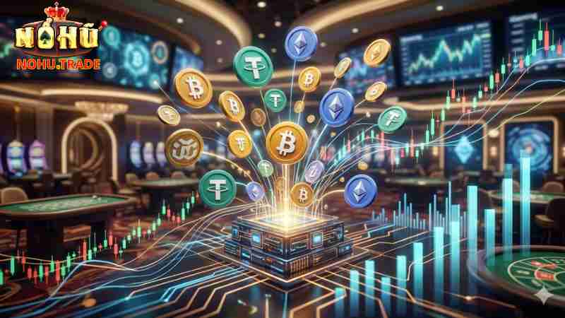 Biểu tượng tiền ảo USDT và các đồng coin khác trong không gian số